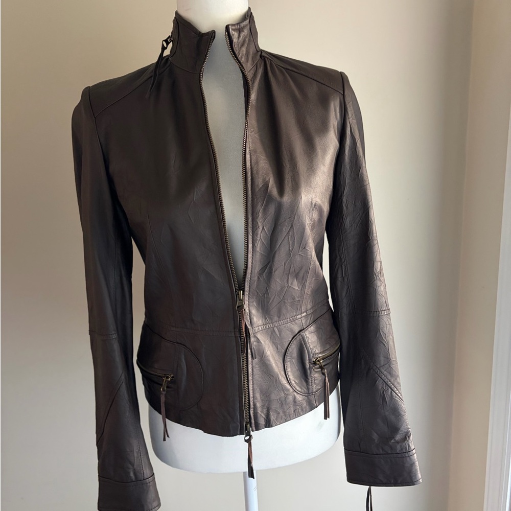 Saguaro Chocolate Brown Soft Leather Zip Front  Moto Jacket